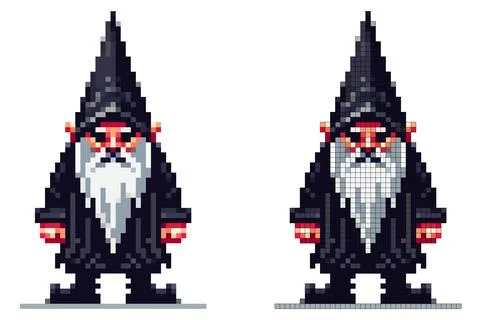 A wizard character in pixel art style stands with a pointed hat and a long .. Stock Illustration