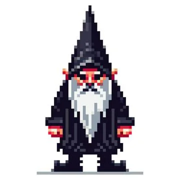 A wizard character in pixel art style stands with a pointed hat and a long .. Stock Illustration