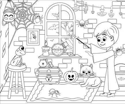 Wizard is conjuring frog coloring page. Halloween. Black and white. Vector Stock Illustration