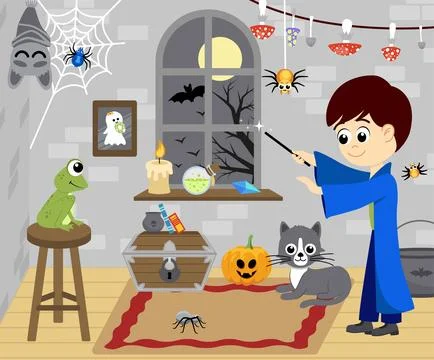 Wizard is conjuring frog by magic wand. Halloween cartoon interior. Flat, vector Stock Illustration