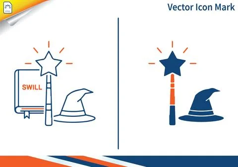 Wizard equipment icon set including book hat and magic wand. Illustrazione stock