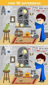 Wizard. Halloween. Find 10 differences. Educational game for children. Flat Stock Illustration