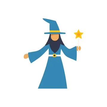 Wizard holding magic wand and wearing blue robe and hat Stock Illustration