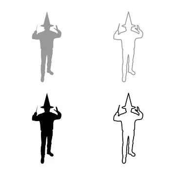 Wizard holds magic wand trick Waving Sorcery concept Magician Sorcerer Fantas Stock Illustration