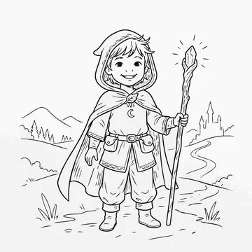 Wizard kid with magic staff illustration Silhouette Illustration