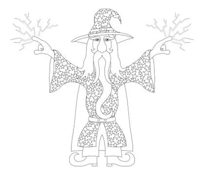 Wizard launches lightning, contour Illustrazione stock