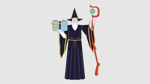 Wizard with magic book and staff 2D character animation Stock Footage 327461580