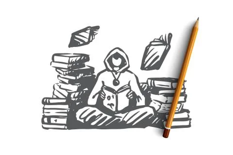 Wizard, magic, library, spell, book concept. Hand drawn isolated vector. Ilustração Stock