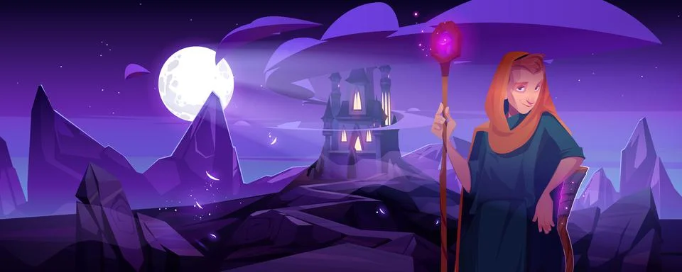 Wizard with magic staff stand at night landscape Stock Illustration