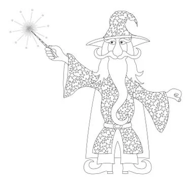 Wizard with magic wand, outline Stock Illustration