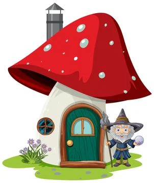 Wizard with Mushroom House Stock Illustration