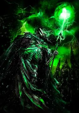 Wizard necromancer, with the body of a skeleton with the head of a bird, in t Stockillustratie