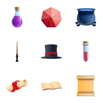 Wizard objects icon set, cartoon style Illustrazione stock