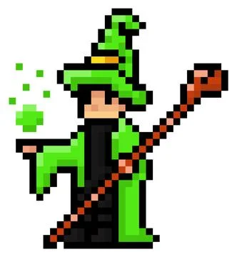 Wizard or mage in green mantle and hat with staff, conjure, pixel game character Stock Illustration
