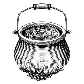 Wizard or sorcerer boiling cauldron on fire and witchcraft elements for magic Stock Illustration