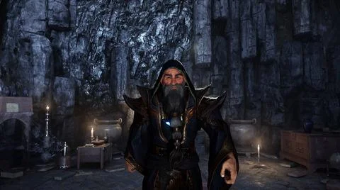 The wizard prepares for a magic ritual in his ancient castle. 3D Rendering. Stock Illustration