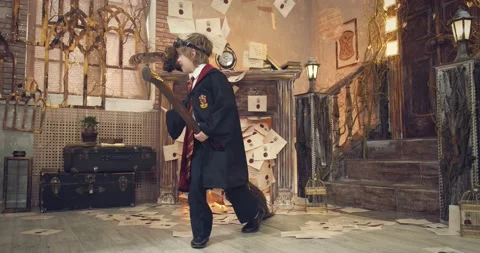 Wizard school student is learning to fly on a broom, fantasy movie, fairy, 4k Stock Footage 149036579