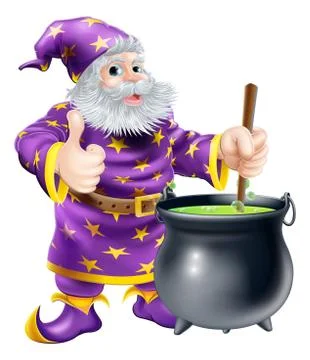 Wizard stirring cauldron Stock Illustration