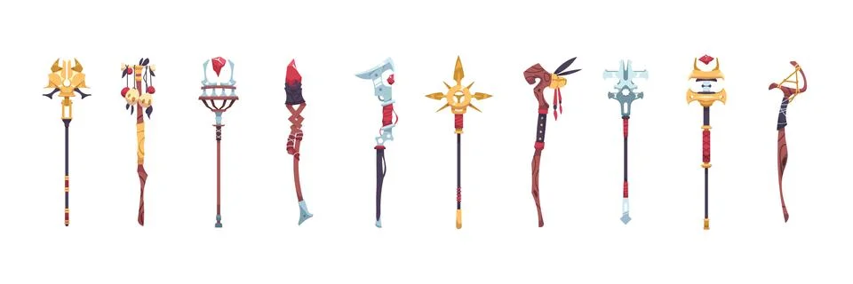 Wizard stuff. Cartoon magic staves of natural elements with stones. Metal and Stock Illustration