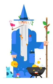 Wizard in the style of the cartoon. Isolated object on white background. Vect Stock Illustration