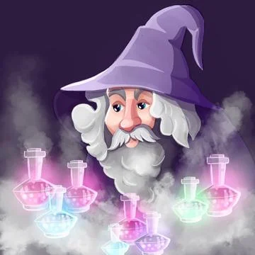 Wizard surrounded by bottles of magic potion Stock Illustration