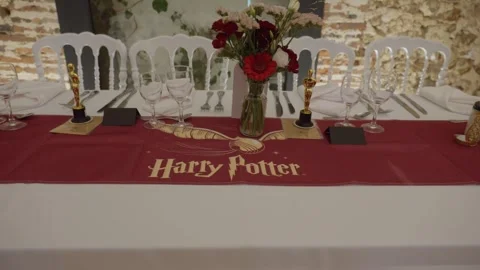 Wizard Themed Wedding Table With Red Runner, Flowers and Gold Figurines 動画素材 344439514