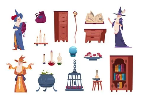 Wizard tools. Cartoon magician casts spells. Alchemical laboratory with cauldron Illustrazione stock