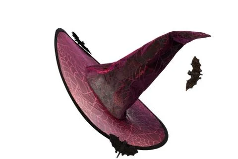 Wizard Witch hat and bats decorated with glowing spiderwebstars and pointed t 스톡 사진
