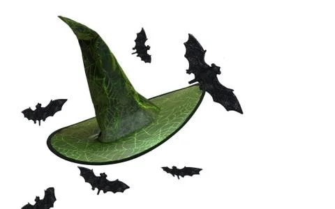 Wizard Witch hat decorated with flying bats and glowing spiderwebstars and po Stock Photos