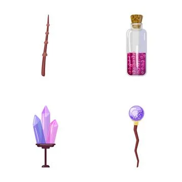 Wizarding magic items with wand, potion, crystals, and staff Stock Illustration