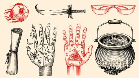 Wizardry and witchcraft elements for magic rituals and spiritualism and Stock Illustration