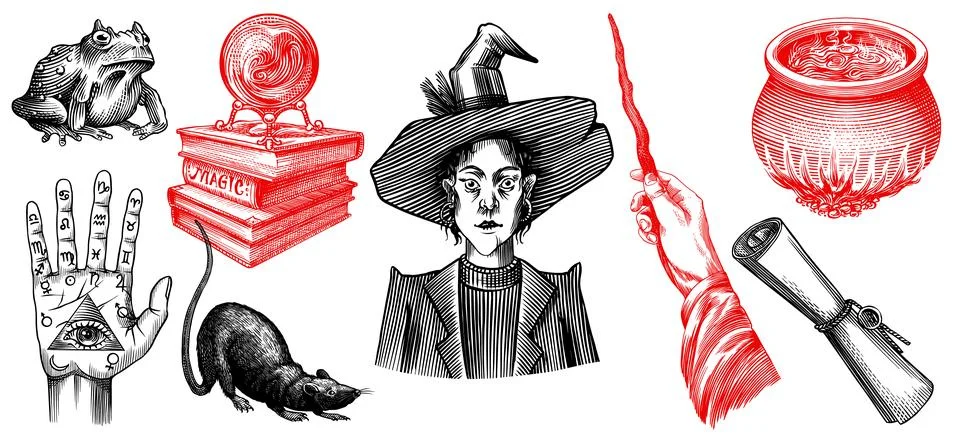 Wizardry and witchcraft elements for magic rituals and spiritualism and Stockillustratie