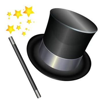 Wizards hat and a magic wand on stars background. Vector illustration. Stock Illustration