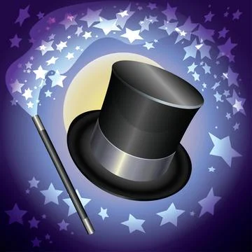 Wizards hat and a magic wand on stars background. Vector illustration. Stock Illustration