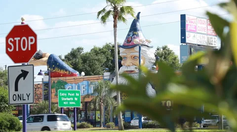 Wizard's head (store sign) with stop sign and palm trees in foreground Stock Footage 39195271
