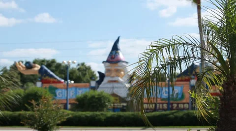 Wizard's head (store sign) through waving palm trees Stock Footage 39195308