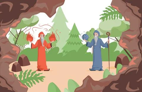 Wizards preparing to fight vector flat illustration. Old witch men in red and Stock Illustration