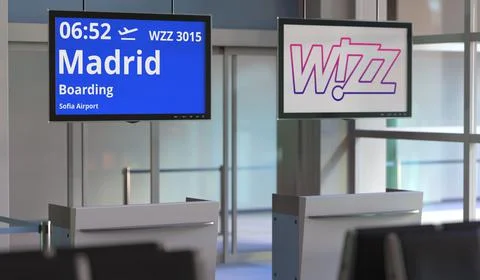 WIZZ AIR flight from Sofia airport to Madrid. Editorial 3d rendering Stock Illustration