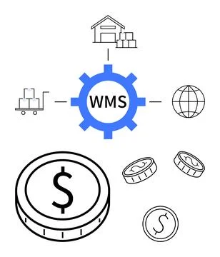 WMS gear surrounded by a warehouse, globe, cart with boxes, and coins. Ideal  Stock Illustration