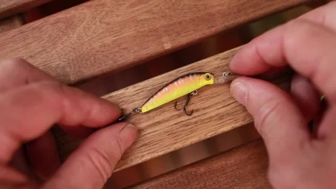 Wobbler bait in the form of a small bright fish with triple Stock Footage 242534955