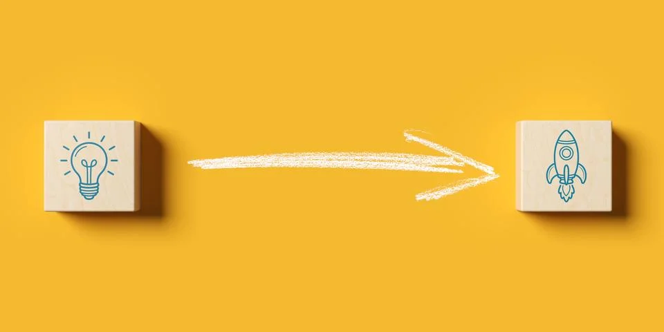 Wodden blocks with light bulb idea icon to start up rocket icon concept wit.. Stock Illustration