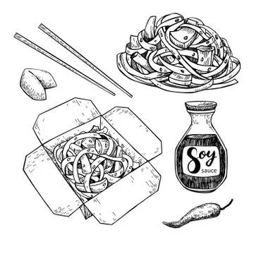 Wok vector drawing set. Isolated chinese box and chopsticks  with noodles, Stock Illustration