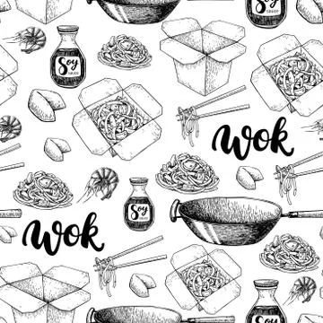 Wok vector hand drawn seamless pattern with lettering. Isolated chinese box.. Stock Illustration