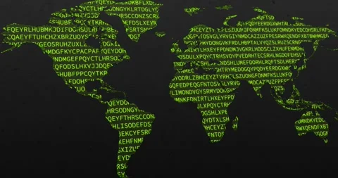 Wold map with a green neon code of words codifying Vidéo 337431240