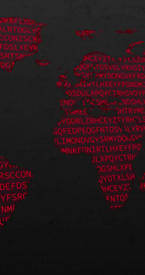Wold map with a red neon code of words codifying Video stock 337432755