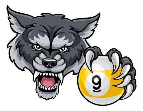 Wolf and 9 Ball Nine Ball Pool Cartoon Mascot Stock Illustration