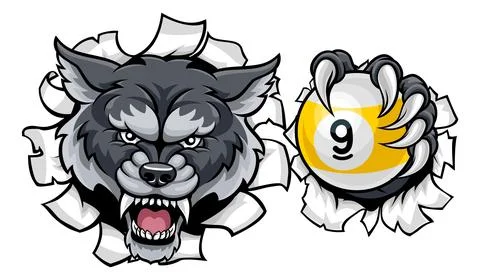 Wolf and 9 Ball Nine Ball Pool Cartoon Mascot イラスト素材