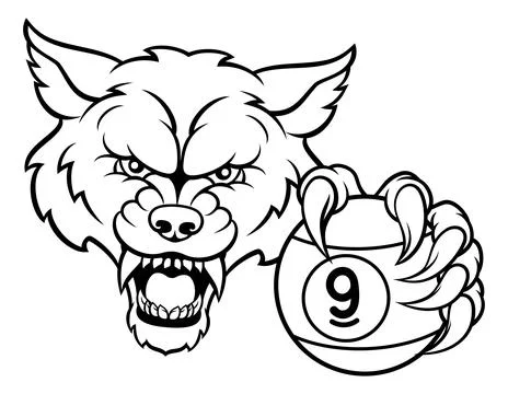 Wolf and 9 Ball Nine Ball Pool Cartoon Mascot Stock Illustration