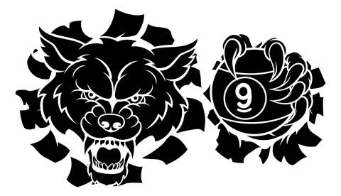 Wolf and 9 Ball Nine Ball Pool Cartoon Mascot イラスト素材