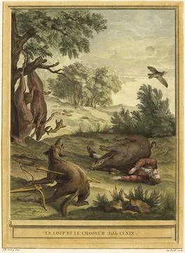 The Wolf and the Hunter the wolf is hit by a crossbow arrow a wild boar lies on Stock Illustration